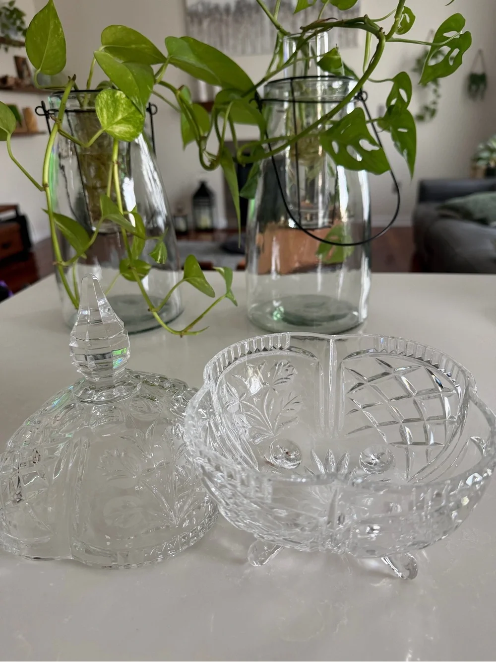 Vintage Cut Crystal Covered Candy Dish 10” Footed Lidded Trinket Bowl NWOT